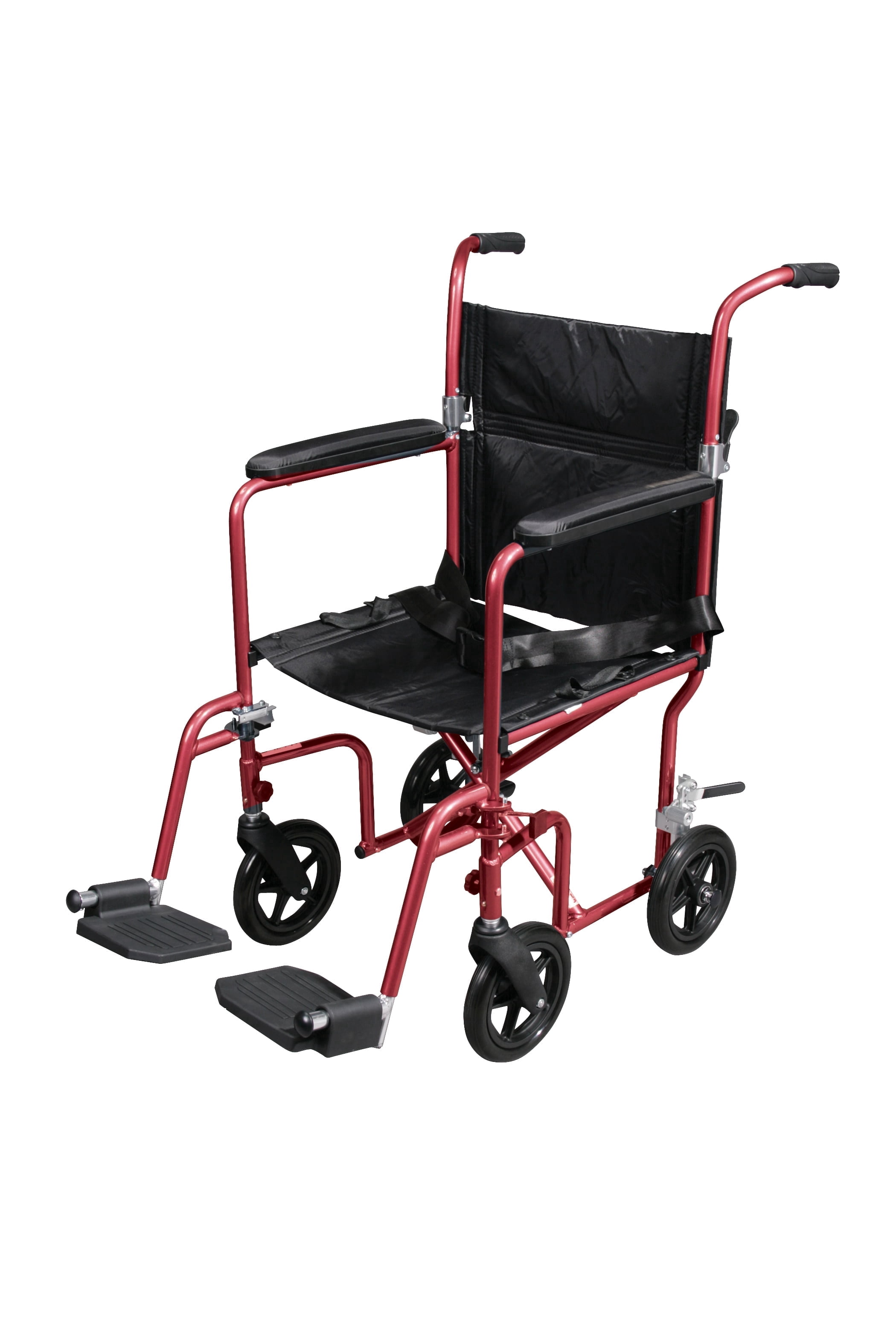 Drive Medical Flyweight Lightweight Foldable Transport Wheelchair with Seat Belt, Red, 300 lb Limit