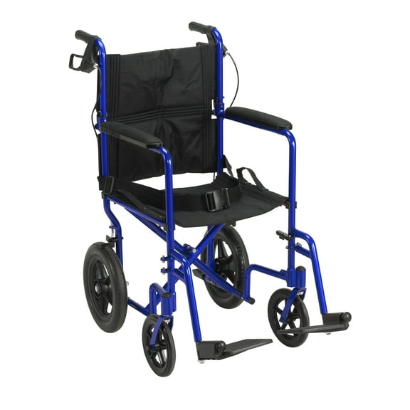Drive Medical Lightweight Expedition Transport Wheelchair with Hand Brakes, 19" Seat, Blue