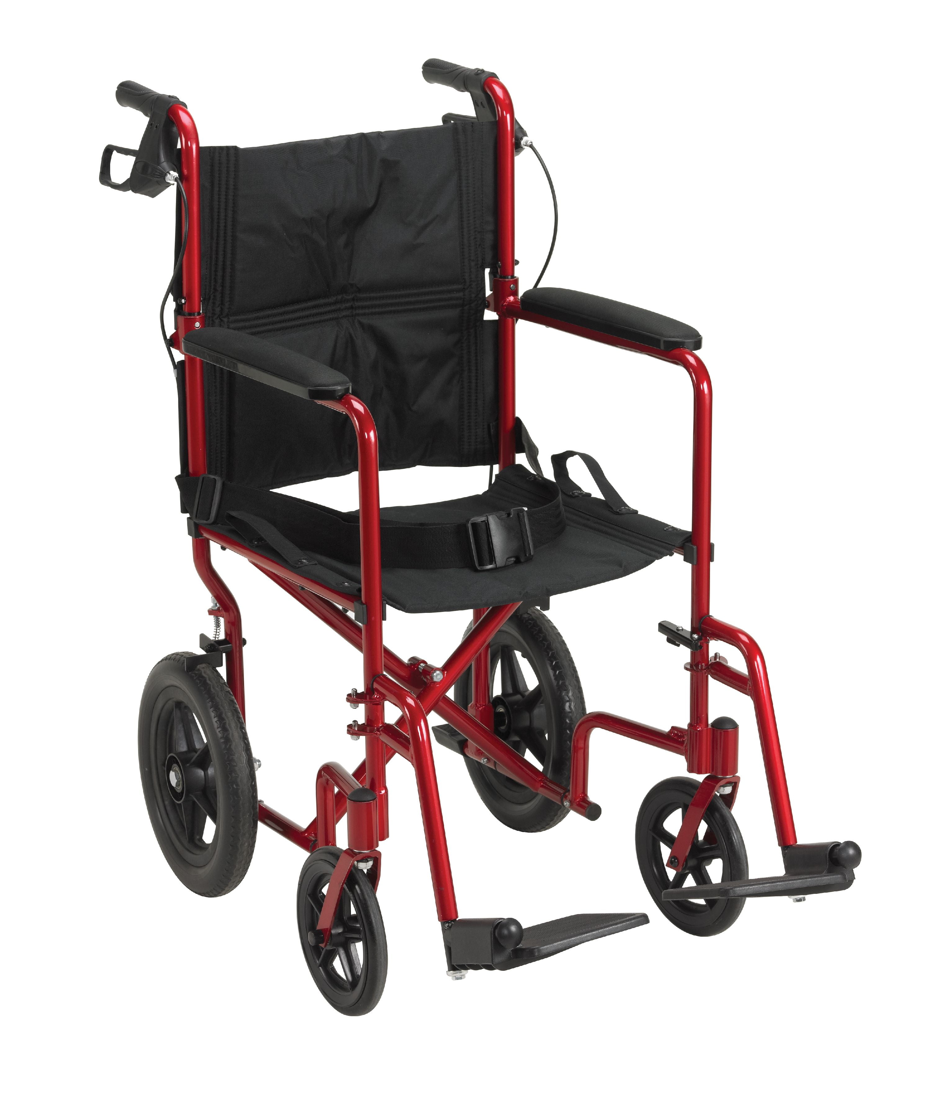 Medline Lightweight Foldable Transport Wheelchair with Handbrakes and 12 Inch Wheels Red Frame Black Upholstery