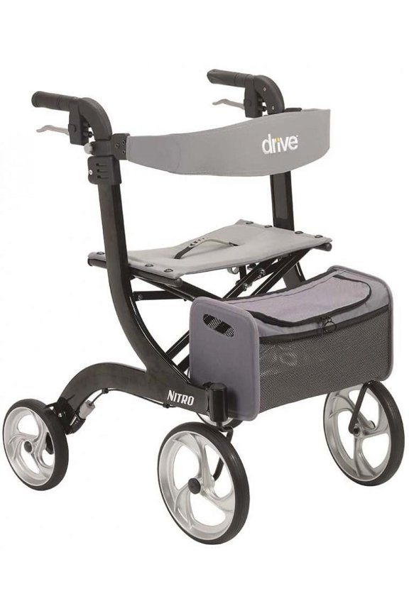 Nitro 4-Wheel Rollator - Aluminum Frame, Adjustable Height, 23 Inch Base Width, 300 pound Weight Capacity, Black