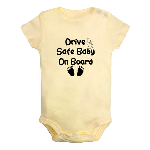 Drive Safe Baby On Board Funny Rompers For Babies, Newborn Baby Unisex Bodysuits, Infant Jumpsuits, Toddler 0-12 Months Kids One-Piece Oufits (Yellow, 0-6 Months)