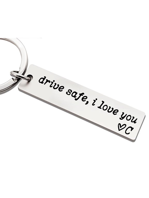 Drive Safe I Love You Keychain, A–Z Initial Engraved Stainless Steel Key Ring, Personalized Gift for Boyfriend, Husband & Family Members