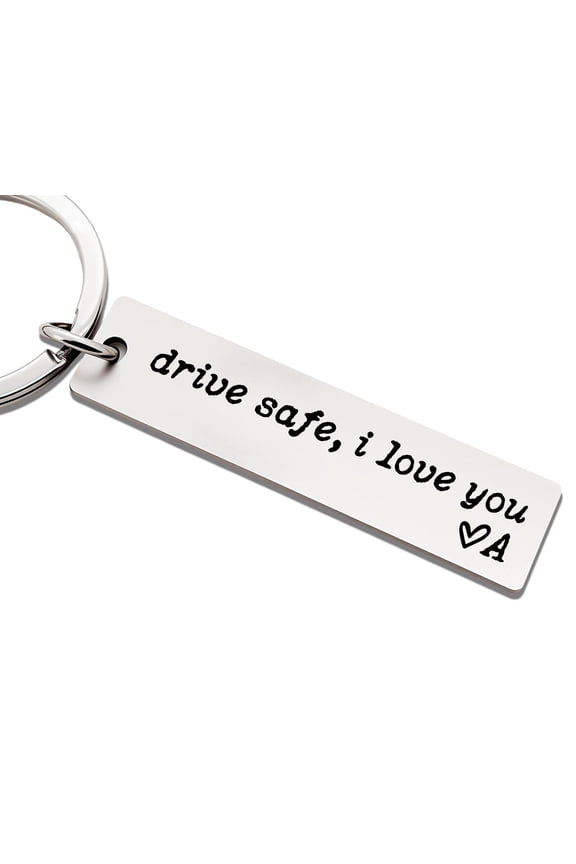 Drive Safe I Love You Keychain, A–Z Initial Engraved Stainless Steel Key Ring, Personalized Gift for Boyfriend, Husband & Family Members
