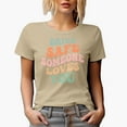 thumbnail image 1 of Drive Safe, Someone Loves You, Driving Themed Quote, Groovy Retro Wavy Text Merch Gift, Tan T-Shirt, Small, 1 of 5