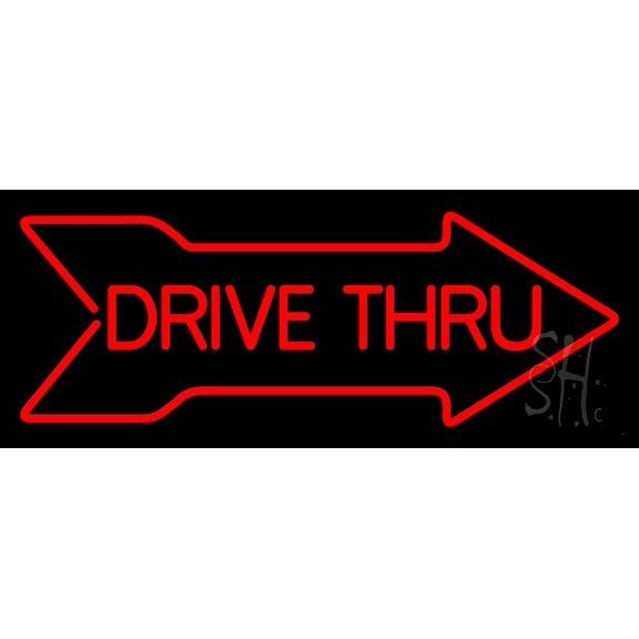 Drive Thru With Arrow LED Neon Sign 10 x 24 - inches, Clear Edge Cut Acrylic Backing, with Dimmer - Bright and Premium built indoor LED Neon Sign for restaurant window and interior decor.
