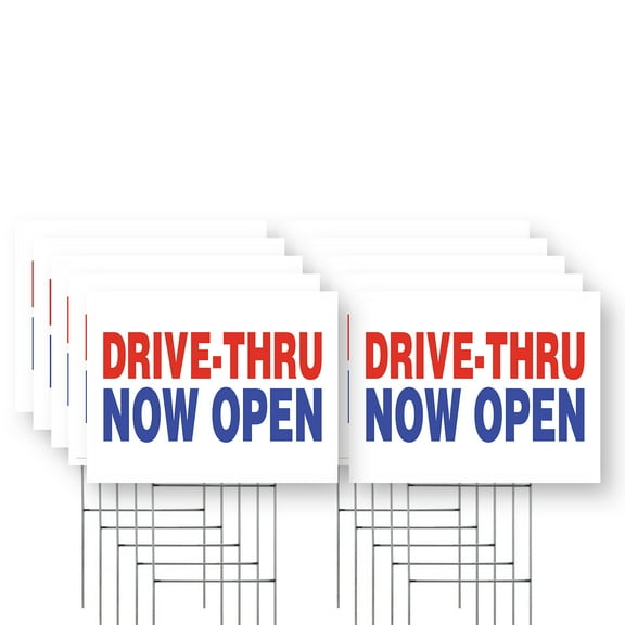 Drive Thru Now Open Yard Sign 10 Pack of 12 Inch x 16 Inch Single Sided Weatherproof Heavy-Duty Plastic with Stake | Convenient Service, Restaurant Promotions, New Locations | Made in
