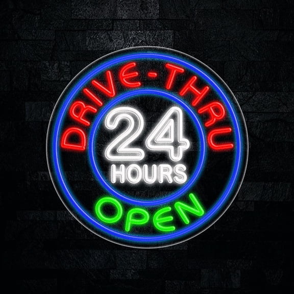 Drive Thru Open 24 Hours LED Neon Sign 26"L x 26"H #31813