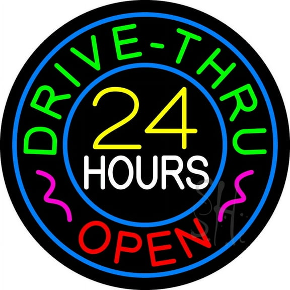 Drive Thru Open 24 Hours LED Neon Sign 26 x 26 - inches, Black Square Cut Acrylic Backing, with Dimmer - Bright and Premium built indoor LED Neon Sign for restaurant window and interior decor.