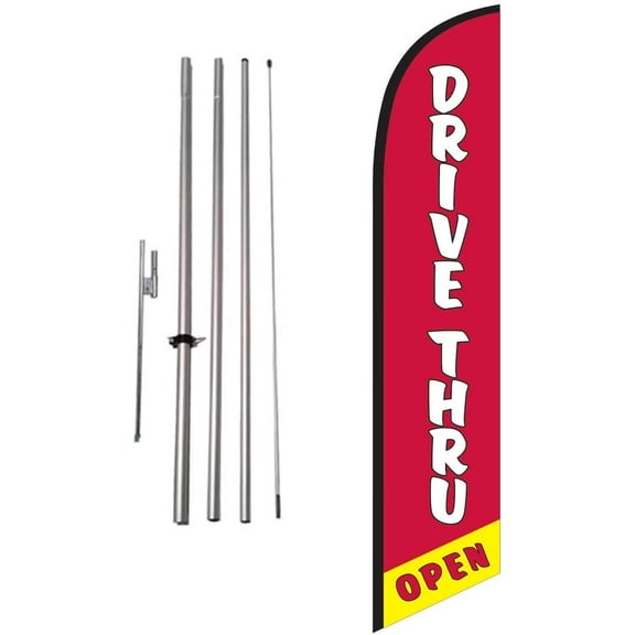 Drive Thru Open Restaurant Advertising Feather Banner Swooper Flag Sign with Flag Pole Kit and Ground Stake, Delivery, Take Away, Curb Side Signs