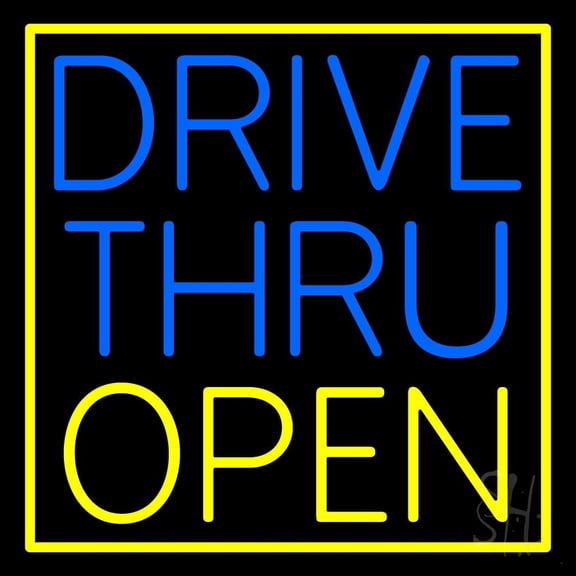 Drive Thru Open With Yellow Border LED Neon Sign 24 x 24 - inches, Black Square Cut Acrylic Backing, with Dimmer - Bright and Premium built indoor LED Neon Sign for restaurant decor.