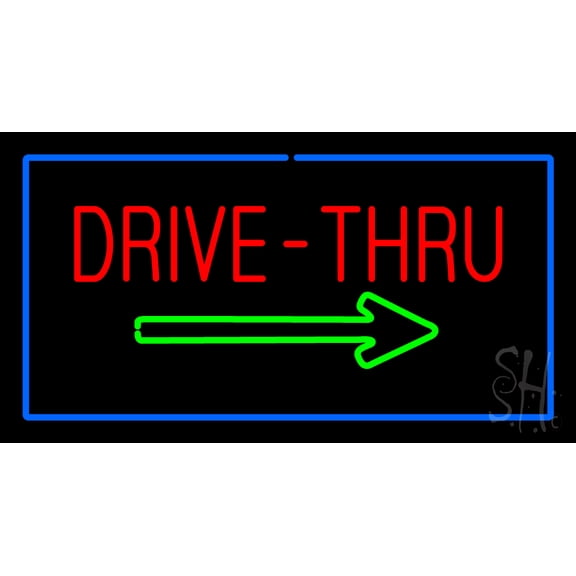 Drive-Thru Rectangle Blue LED Neon Sign 13 x 24 - inches, Clear Edge Cut Acrylic Backing, with Dimmer - Bright and Premium built indoor LED Neon Sign for restaurant window and interior decor.