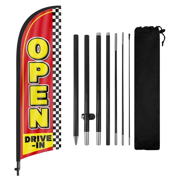 Drive-in Open Restaurant Advertising Feather Flags Banner, Drive-in Open Restaurant Swooper Flags with Pole and Ground Stake, 8FT Advertising Feather Flags Sign for Drive-in Open Restaurant Business