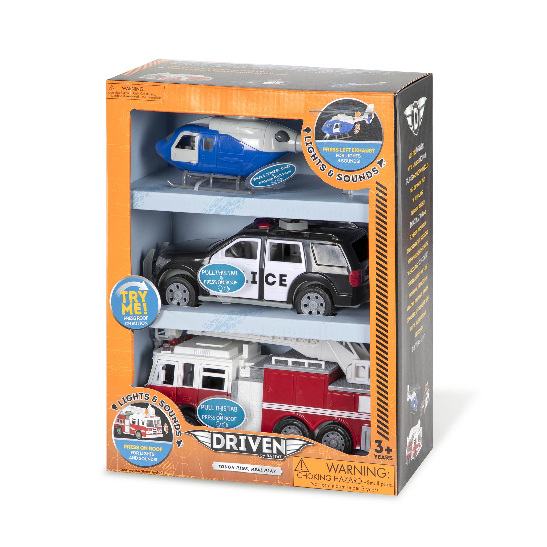 Driven by Battat 3-Piece Micro Rescue Fleet Toy Emergency Car & Truck Play Vehicles 9in for Kids 3 Years Old
