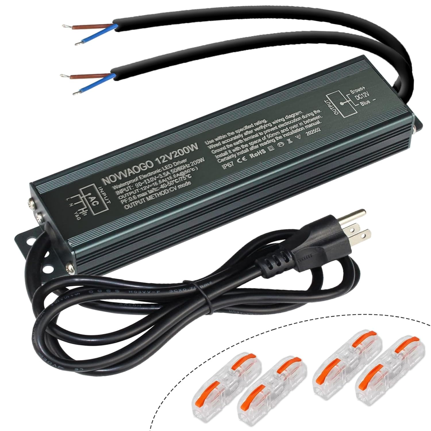 Driver, 200 power supply transformer adapter, 67 waterproof power low voltage transformer, suitable for landscape lighting, outdoor lighting, 110 to 12 low voltage output