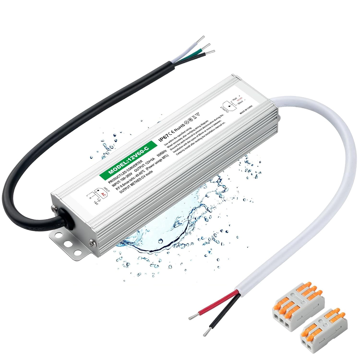 Driver 60 watts, 12 power supply 5 waterproof 67, 120 AC to 12 DC converter, suitable for light strips, landscaping, garden and outdoor lighting