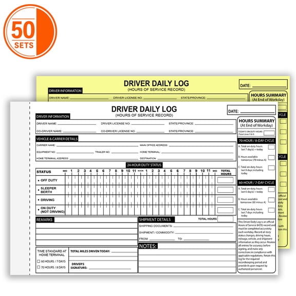 Driver Daily Log Book, - 2 Part Carbonless HOS Hours of Service Record, 8.5 x 5.5 Trucking Log Pad, 50 Sets, 100 Sheets for Truck Drivers & Fleet