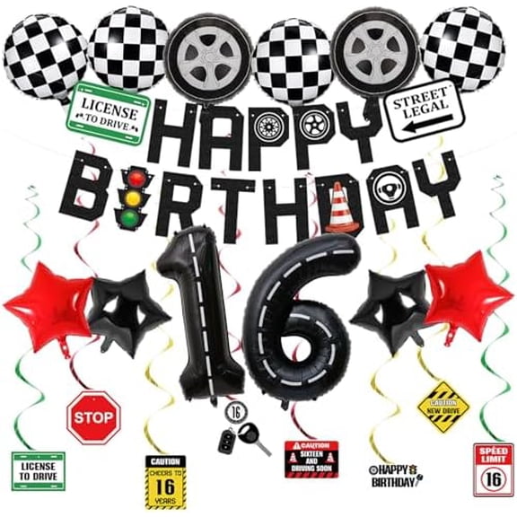 Driver License 16th Birthday Decorations for Boys Girls Race Car Balloons Tire Balloon Racetrack Number 16 Balloon Checkered Balloons,Driver Driving Racing Car Themed Party Decorations Birthday Decor