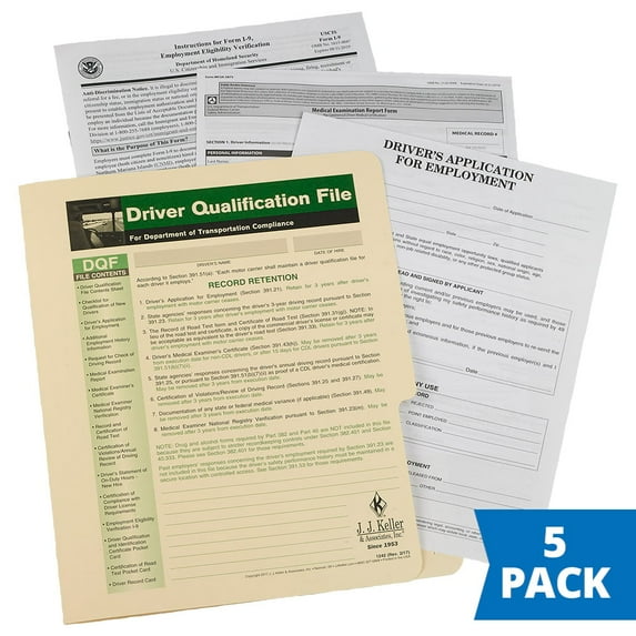 Driver Qualification File Packet 5-pk. - Single Copy, 9.5" x 11.75" - Includes 15 Driver Qualification Forms - Satisfies DQ Requirements of 49 CFR 391.51 - J. J. Keller & Associates