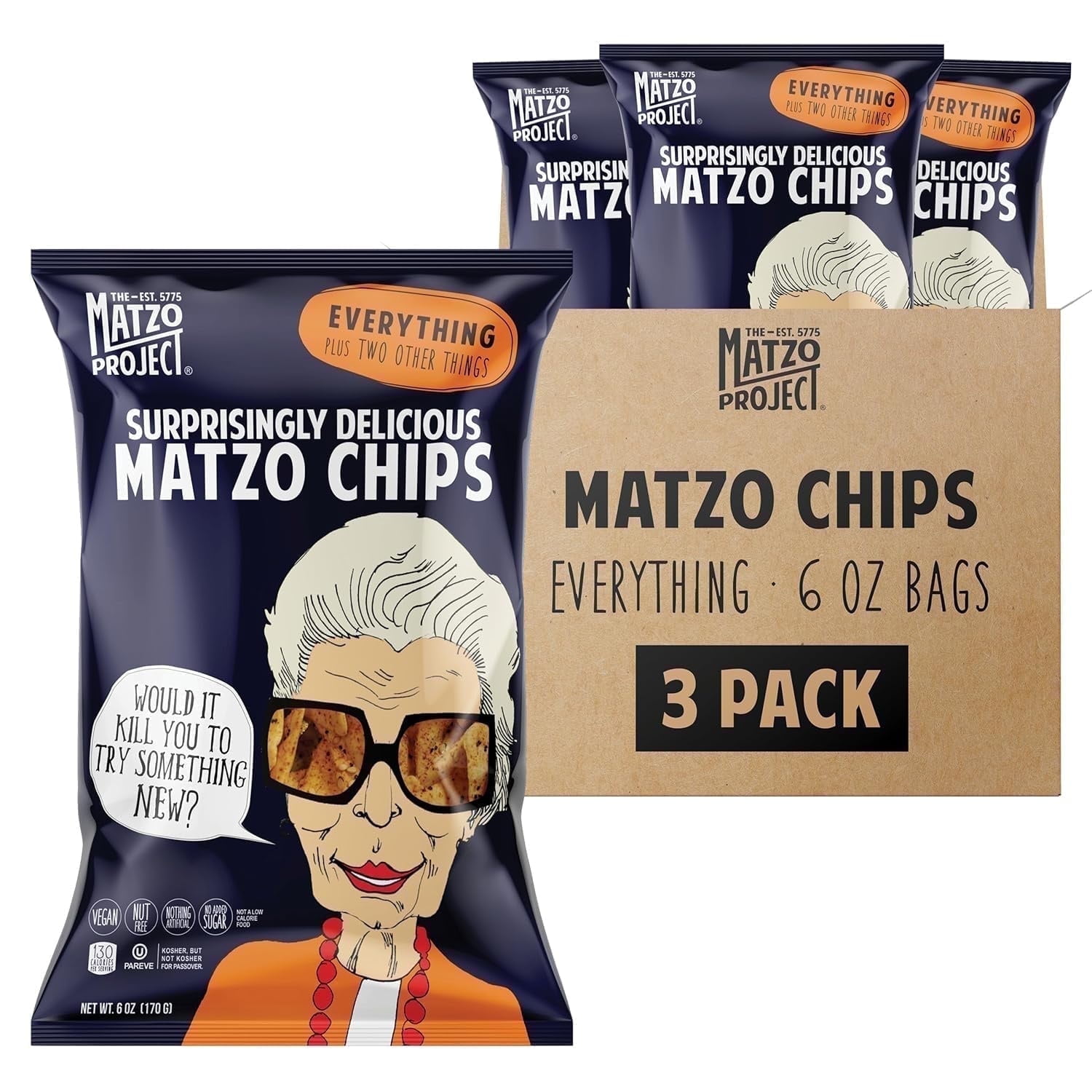 The Matzo Project Matzo Chips, Everything, Kosher, Vegan, Nut-Free, Nothing Artificial (6 oz, 3 Pack)