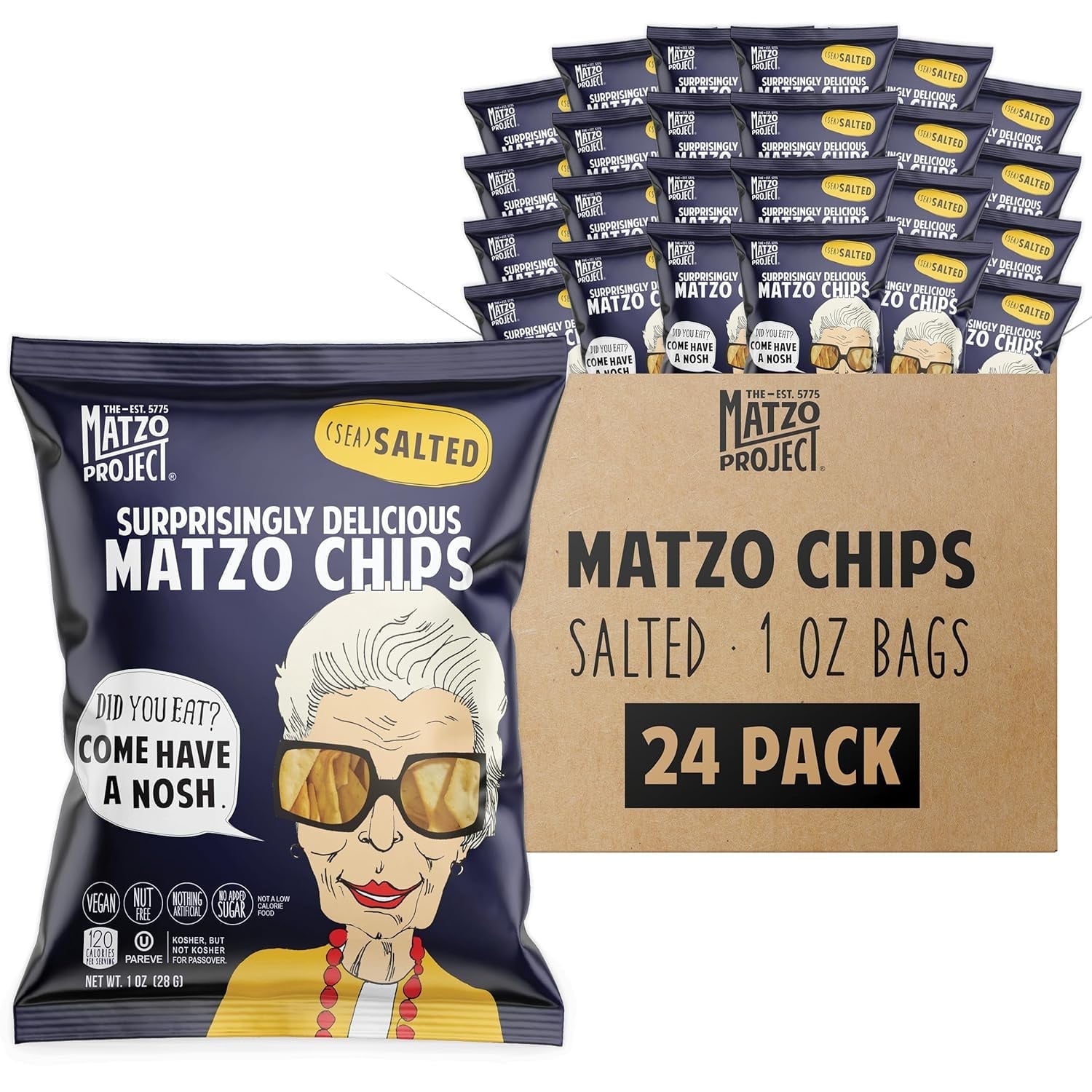 The Matzo Project Matzo Chips, Salted, Kosher (Not Kosher for Passover), Vegan, Nut-Free, Nothing Artificial (1 oz, 24 Snack Bags)