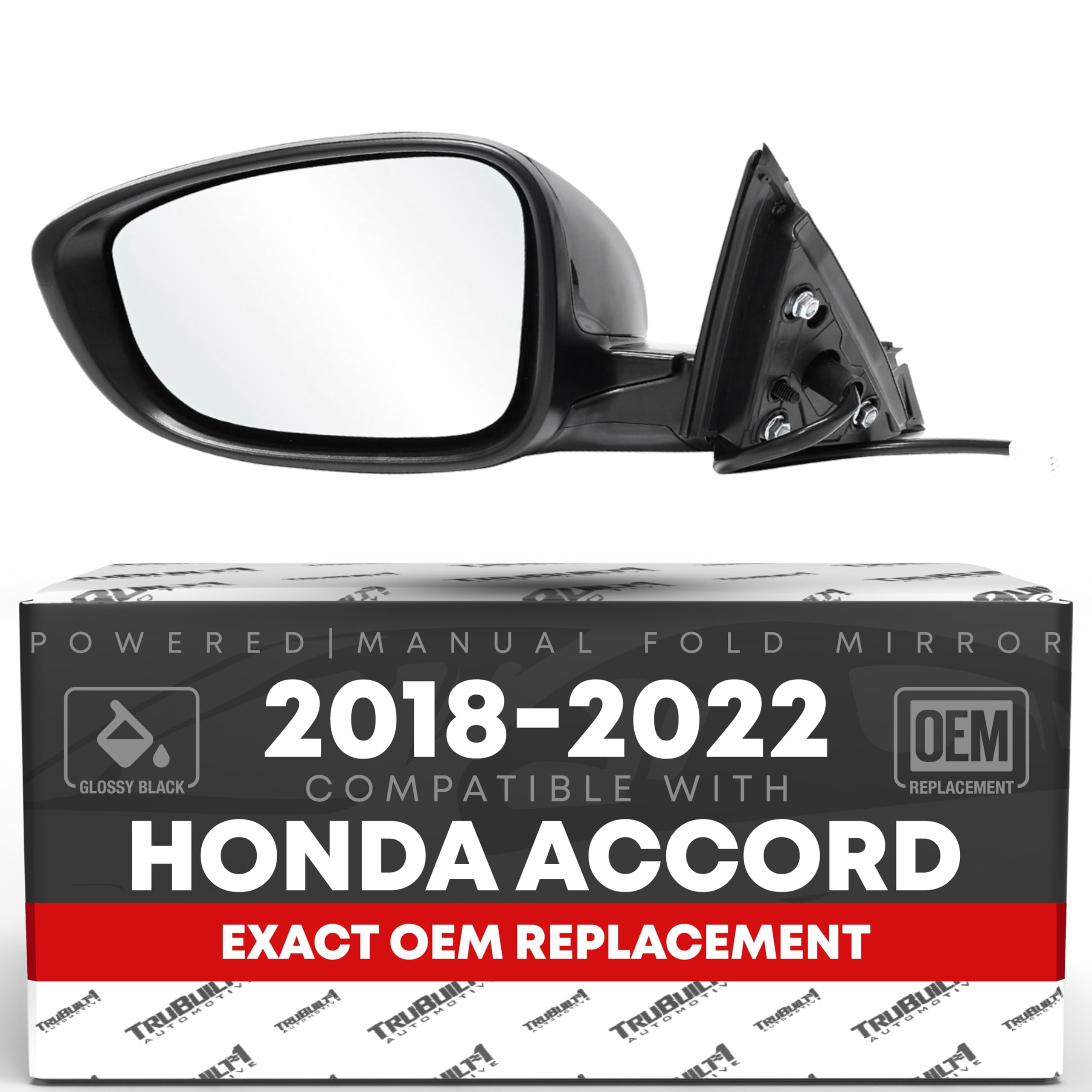 Driver Side Mirror Replacement - Compatible with 2018-2022 Honda Accord - Powered Adjustment, Manual Fold, Flat Glass - Smooth Black, 8H3P - OEM 76258TVAA02, 76251TVAA01ZJ, HO1320328
