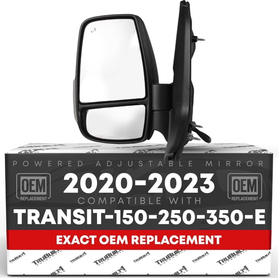 Driver Side Mirror Replacement - Compatible with 2020-2023 Ford Transit-150, 250, 350, E-Transit - Short Arm, Heated Mirror, Blinker, Blind Spot, Powered Foldable, Flat Glass, 12H10P - OEM LK4Z17683E