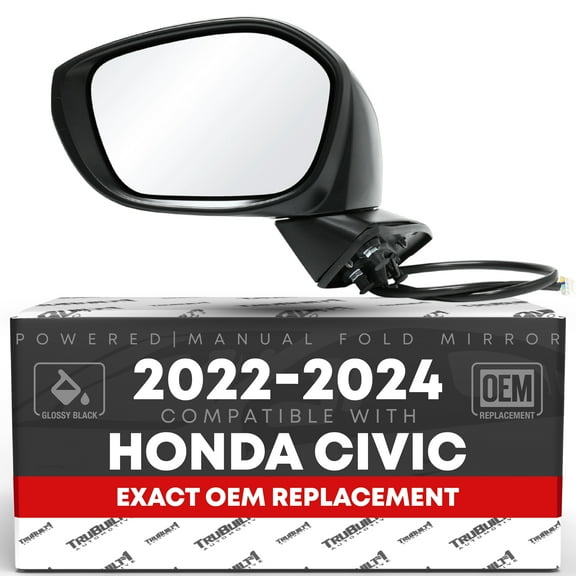 Driver Side Mirror Replacement - Compatible with 2022-2024 Honda Civic - Powered Adjustment, Manual Fold, Flat Glass - Smooth Black, 8H3P - OEM 76258T20A01, 76258T20A02, 76251T20, HO1320350
