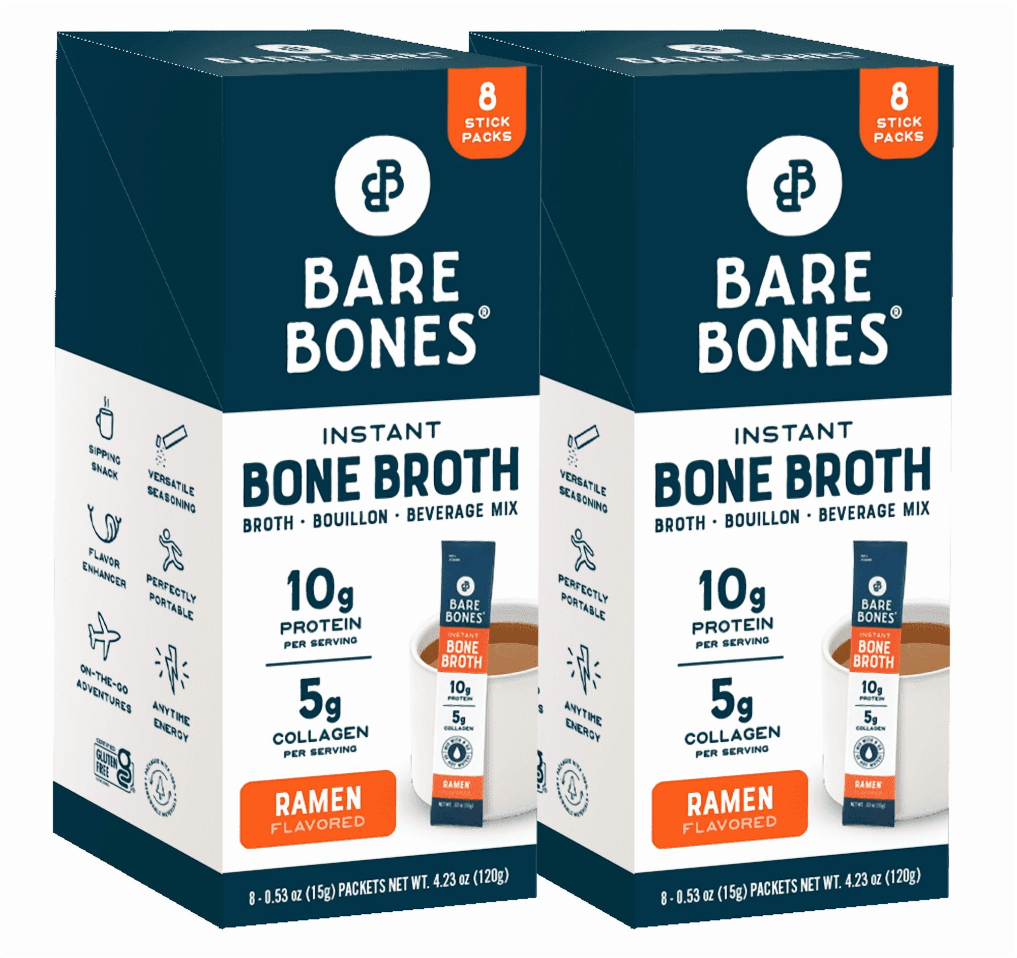 Bare Bones Instant Ramen Bone Broth Sticks, 10G Protein, 4.23 oz, 2-Pack of 8