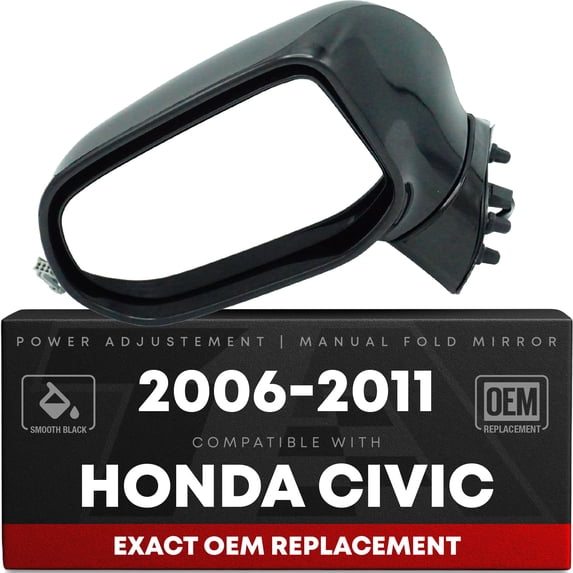 Driver Side Power Adjustable Side View Mirror - Compatible with 2006-2011 Honda Civic - Power Adjust, Non-Heated, Manual Folding - Paintable Textured Black Housing - OEM 76250SNEA01