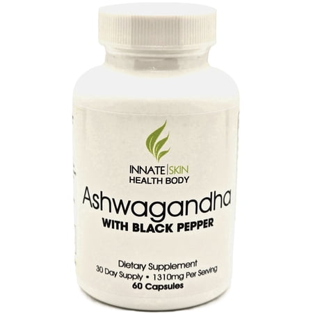 Innate Skin Health Body Ashwagandha Extra Strength Stress and Mood Support Organic Black Pepper Extract Non GMO Formula 60 Count 60 Capsules