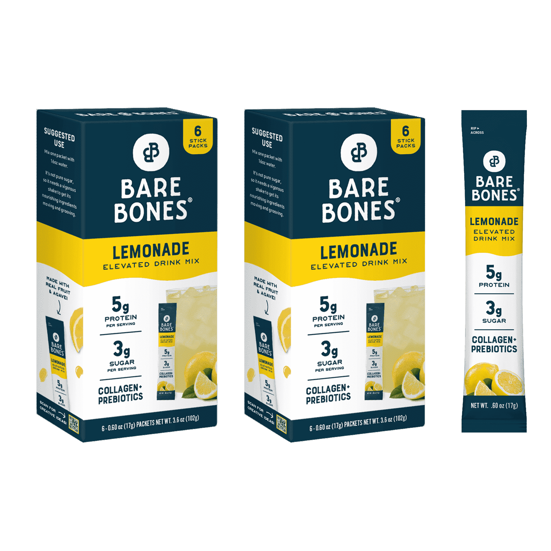 Bare Bones Elevated Drink Mix Lemonade - 5g Collagen/Protein - 2 packs of 6