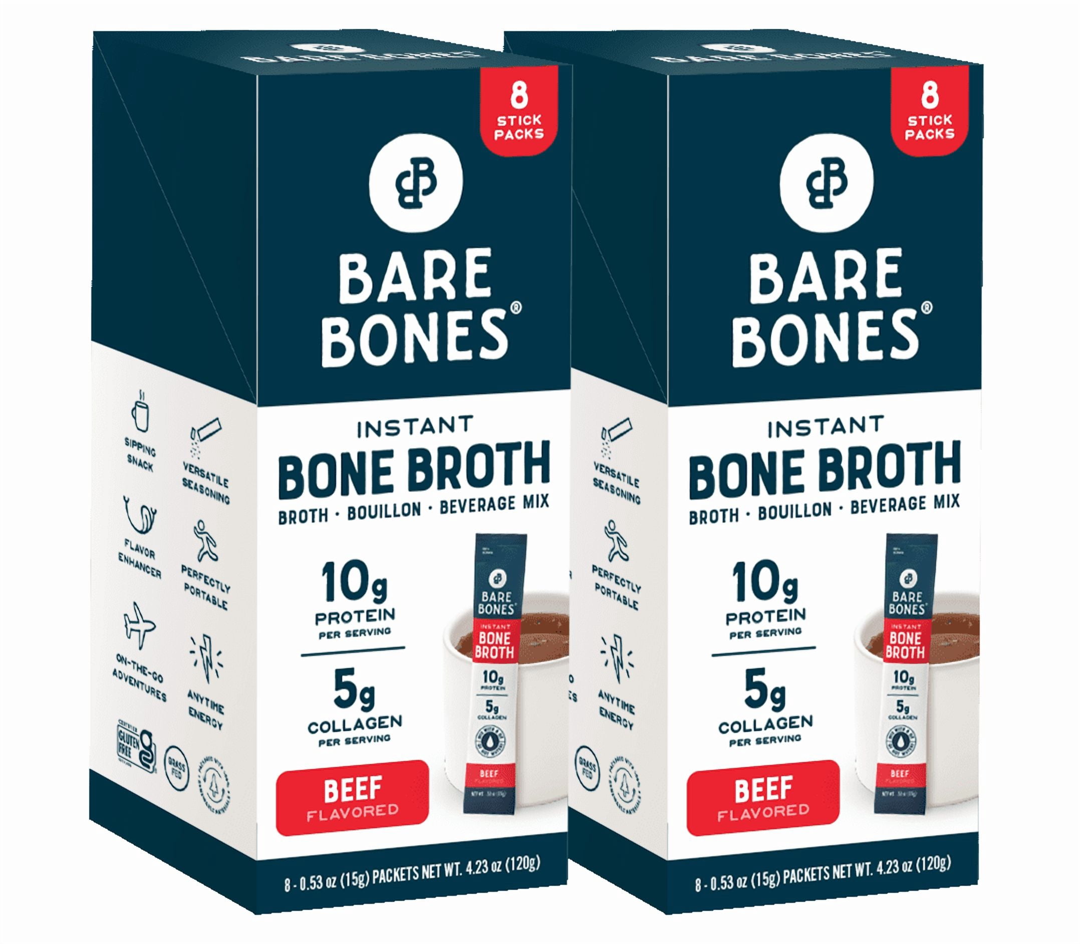 Bare Bones Instant Beef Bone Broth Sticks, 10G Protein, 4.23 oz, 2-Pack of 8