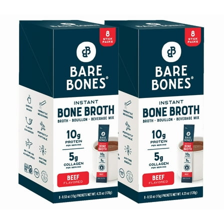 Bare Bones Instant Beef Bone Broth Sticks, 10G Protein, 4.23 oz, 2-Pack of 8