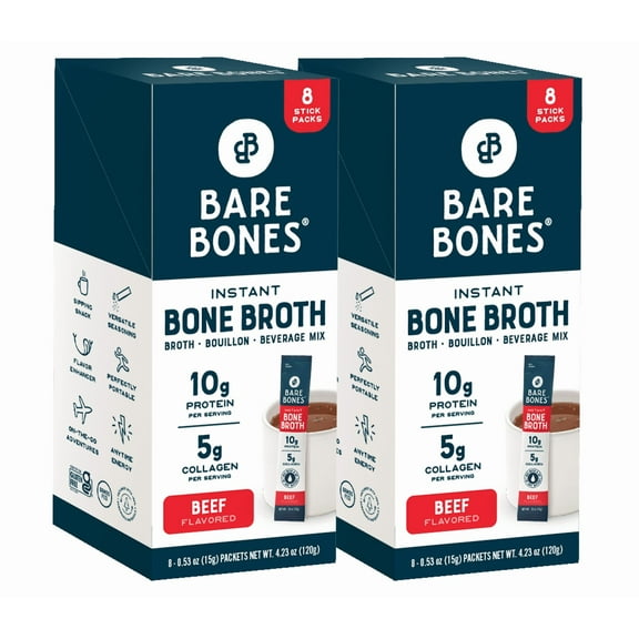 Bare Bones Instant Beef Bone Broth Sticks, 10G Protein, 4.23 oz, 2-Pack of 8