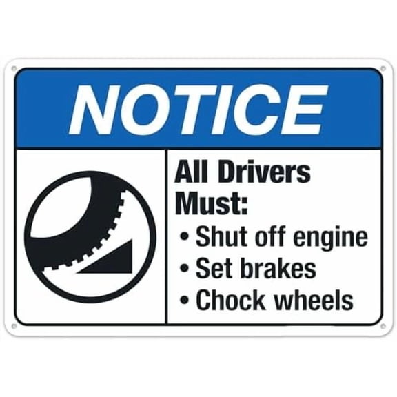 All Drivers Must Shut Off Engine Set Brakes Chock Wheels Sign, ANSI Notice Sign Signs Metal Sign NO.28897 Metal Tin Sign 8x12 Inch - Clear Warning for Home & Business Use