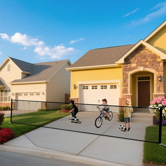 Driveway Safety Net forTall - Driveway Guard Barrier Net Fence with Upgraded Ground Stakes and Reflective Strips, Driveway Gate Mesh Ball Stopper Netting for Outdoor Backyard