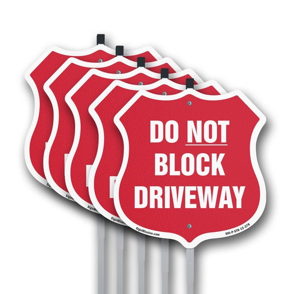 Driveway Shield Sign Do Not Block Driveway (5 Pack) 12 inch X 12 inch Shield Shaped Rust-Free Aluminum Metal Signs with Aluminum Mounting Stakes Weather Resistant, UV Protected for