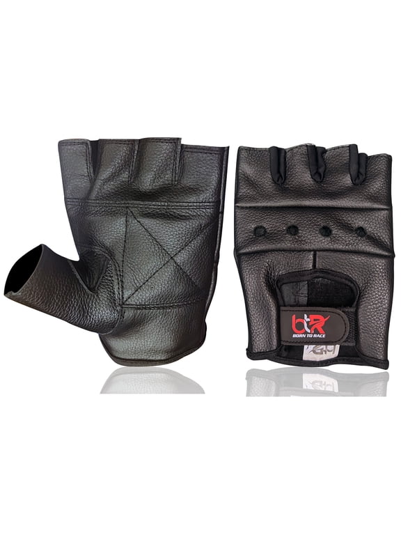 Driving Gloves Cowhide Leather Fingerless Motorcycle Driver, Cycling, Weight Lifting Open Knuckle Gloves Black-L