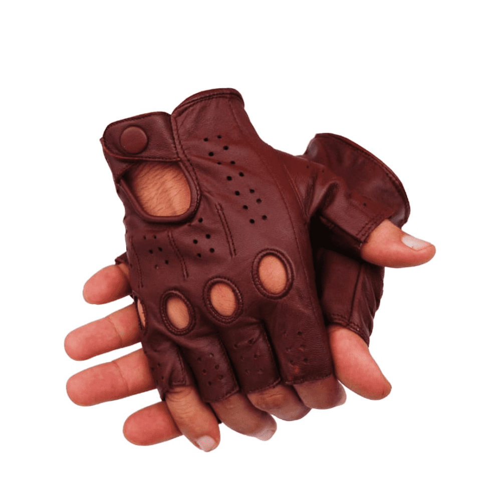 Driving Half Finger Finger less Knuckle Holes For Men Genuine Motorcycle Leather Gloves Brown Medium