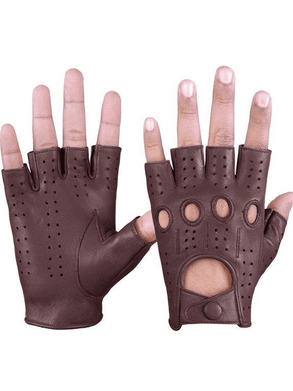Driving Half Finger Finger less Knuckle Holes For Men Genuine Motorcycle Leather Gloves Brown