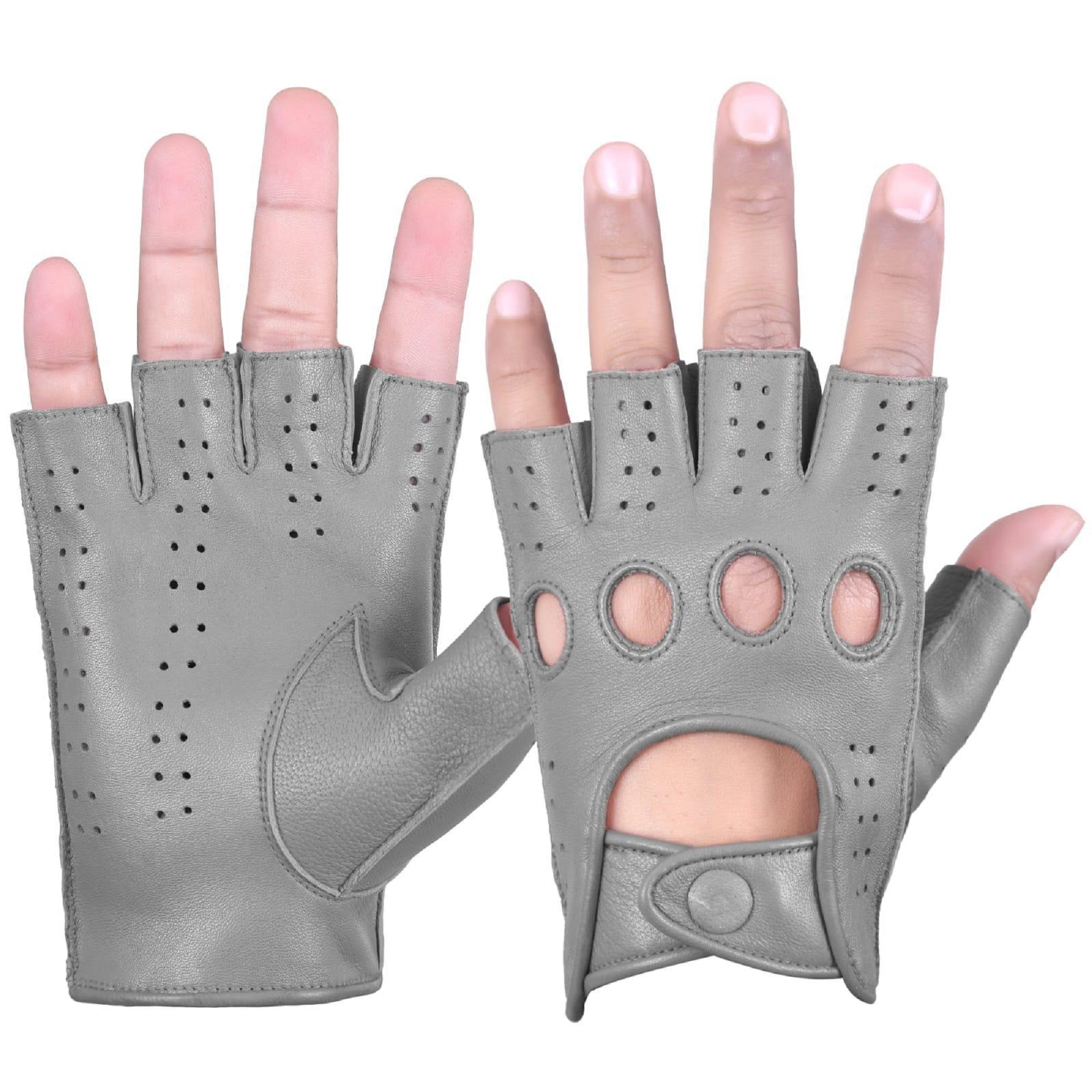 Driving Half Finger Finger less Knuckle Holes For Men Genuine Motorcycle Leather Gloves Light Grey Large