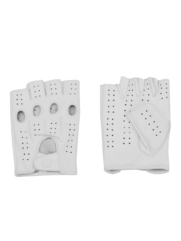 Driving Half Finger Finger less Knuckle Holes For Men Genuine Motorcycle Leather Gloves Medium white