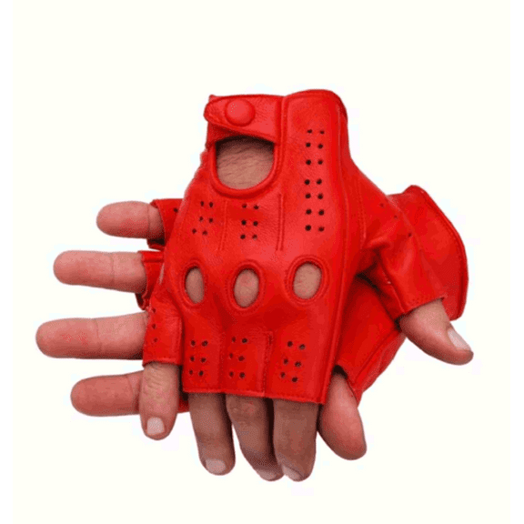 Driving Half Finger Finger less Knuckle Holes For Men Genuine Motorcycle Leather Gloves Red M