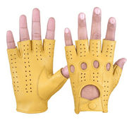 Driving Half Finger Finger less Knuckle Holes For Men Genuine Motorcycle Leather Gloves Yellow Large