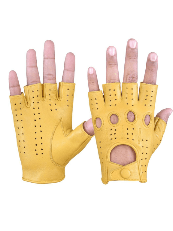 Driving Half Finger Finger less Knuckle Holes For Men Genuine Motorcycle Leather Gloves Yellow Large