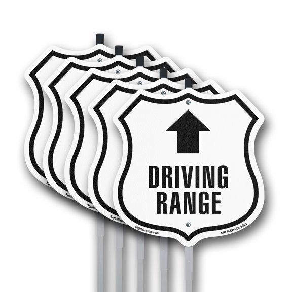 Driving Range Golf Course Up (5 Pack) 12 inch X 12 inch Shield Shaped Rust-Free Aluminum Metal Signs with Aluminum Mounting Stakes Weather Resistant Made in the USA