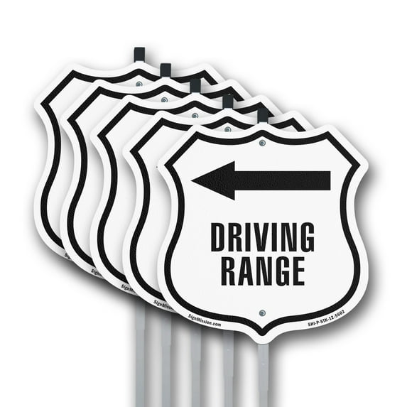 Driving Range Golf Course Left (5 Pack) 12 inch X 12 inch Shield Shaped Rust-Free Aluminum Metal Signs with Aluminum Mounting Stakes Weather Resistant Made in the USA