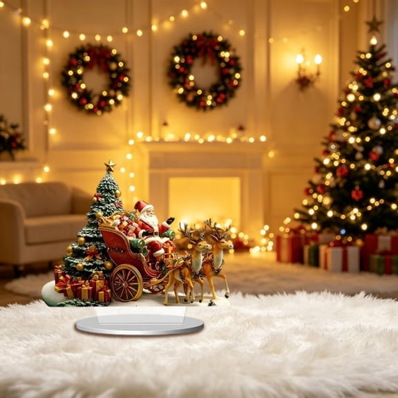 Driving Reindeer Santa Claus Decorative - Christmas Reindeer Decoration - 2D Acrylic Santa In Sleigh With Deer Tablepiece - Collectible Winter Christmas Decor For Fireplace Home Decor