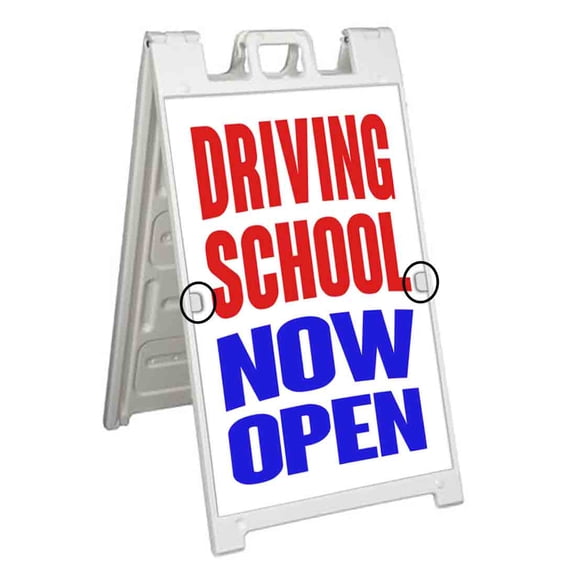 Driving School Now Open (24" X 36") Deluxe A-Frame Signicade, Includes 2 Removable Panels & Stand