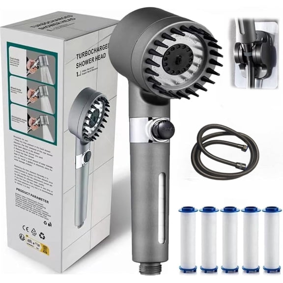 Drivse Showerhead, 2026 New Drivse Filtered Shower Head With Handheld Scalp Massage, Water Saving, Easy Install Djustable (Shower head +1.5 grey steel pipe + American-style hanger +5 filter elements)